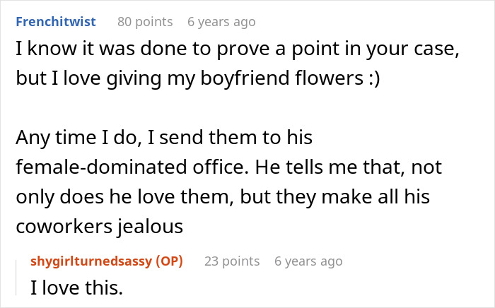 Screenshot of a discussion about giving boyfriend flowers despite a sexist uncle&rsquo;s opinions in a female-dominated office.