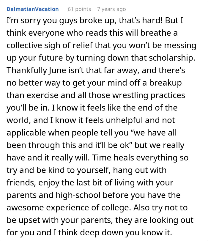 Comment expressing support for parents refusing to let their son ruin his future over teenage love struggles and breakup advice.