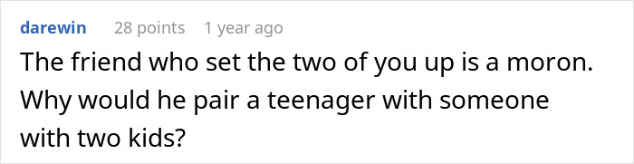 Comment text on a white background discussing dating concerns involving a young woman and a single dad with two kids.