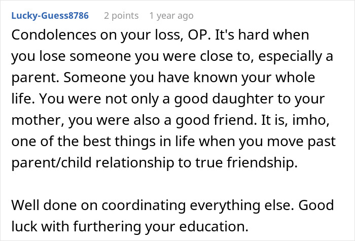 Comment expressing condolences and support for a daughter dealing with her mother&rsquo;s illness and family struggles.