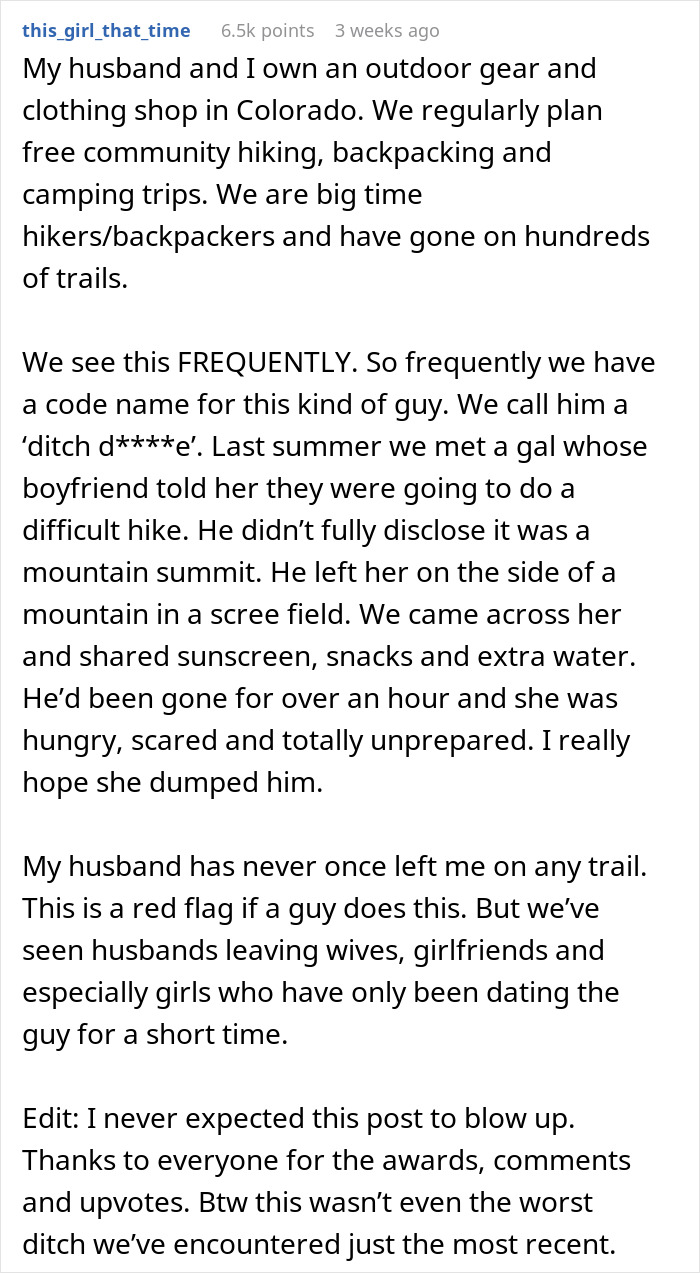 User sharing experience about men abandoning their partners during outdoor activities like hiking and backpacking.