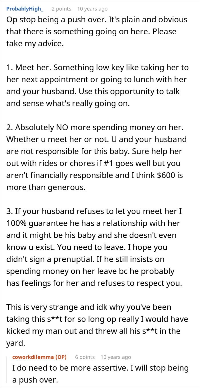 Advice on handling pregnant coworker situation as a good deed, with the wife uncovering the real reason behind it.