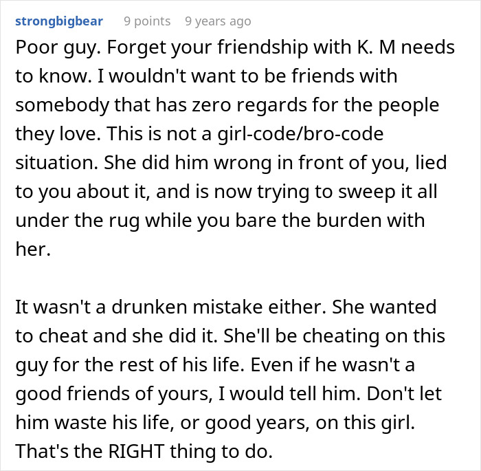 Text post discussing a friend threatening to expose a cheater who hides a one night stand from her boyfriend.