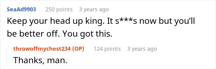 Screenshot of a Reddit conversation where one user offers support after a woman admits to cheating multiple times.