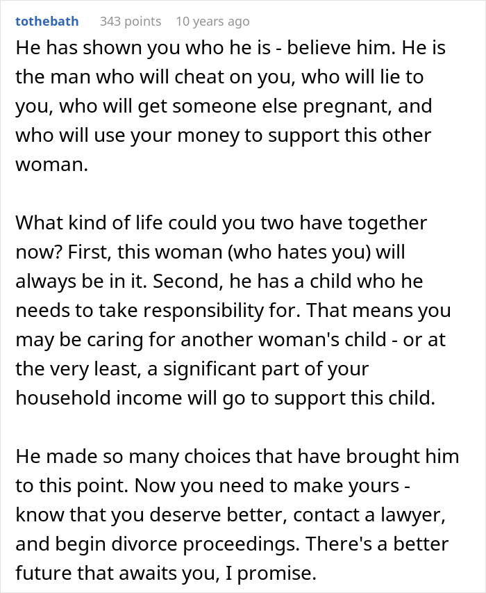 Text explaining a man&rsquo;s betrayal involving a pregnant coworker and the consequences for his wife and family.