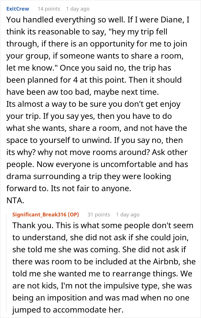Screenshot of a Reddit discussion about a woman furious her friends don&rsquo;t want to share a room with her on vacation.