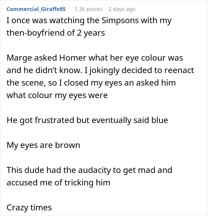 Reddit post recounting boyfriend&rsquo;s indifference by forgetting eye color, illustrating romantic indifference and lack of attention.