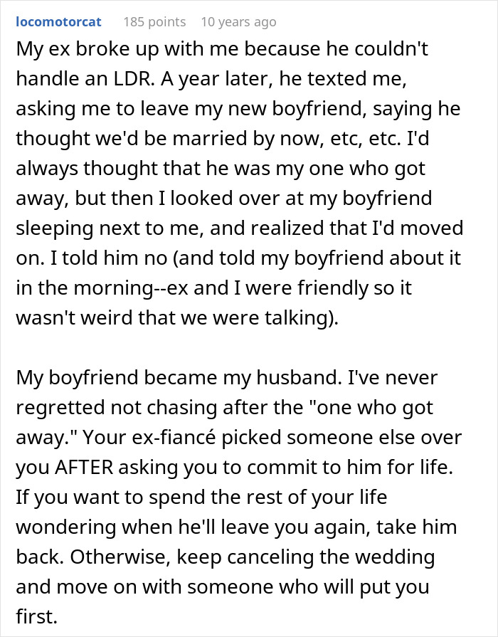 Text post about a man falling into deep regret after ditching fianc&eacute;e to chase the one that got away.