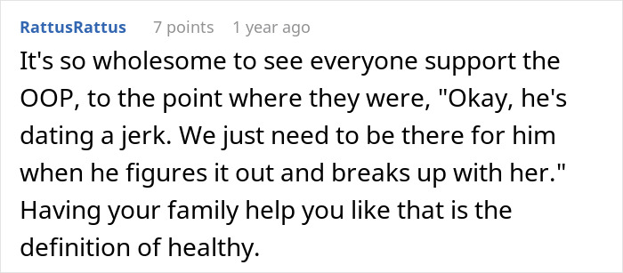 Comment praising family support for a one-armed guy and highlighting the importance of a healthy family helping with tasks.