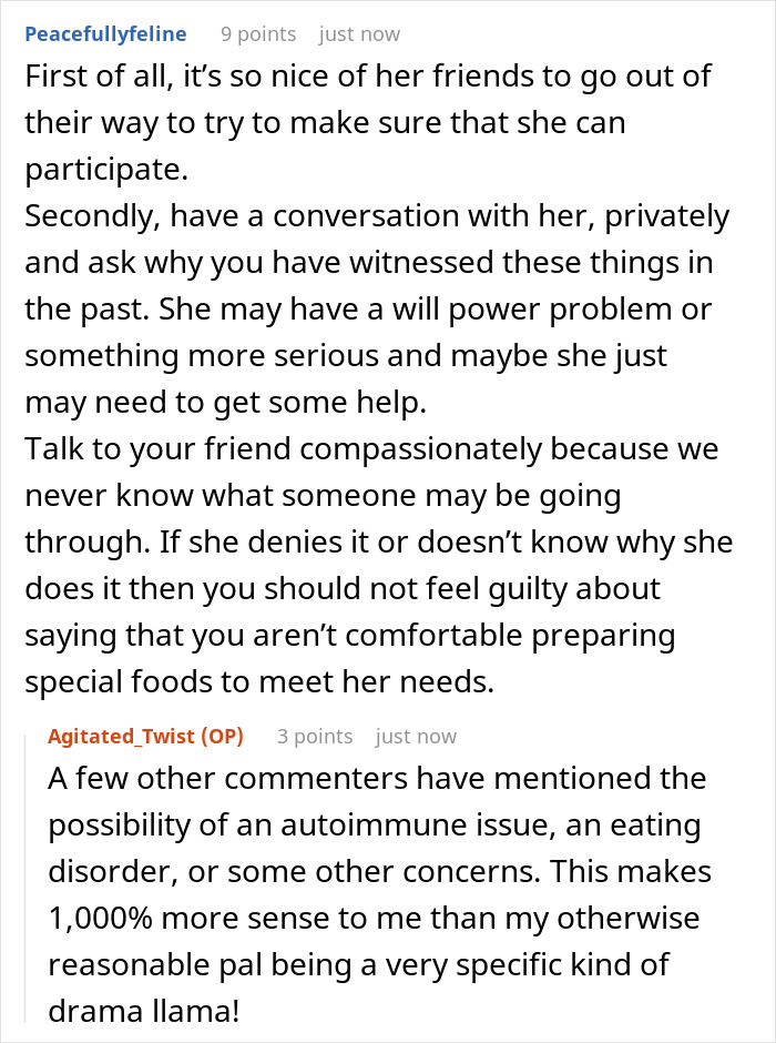 Screenshot of an online discussion about a picky eater justifying dietary choices with an allergy claim.
