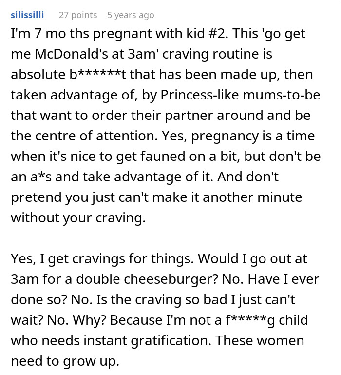 Screenshot of a Reddit comment where a pregnant woman criticizes exaggerated pregnancy cravings and entitlement.