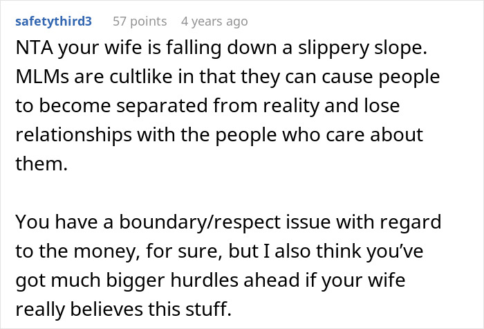 Comment warning about wife secretly sending money to sister&rsquo;s pyramid scheme and potential relationship issues arising.