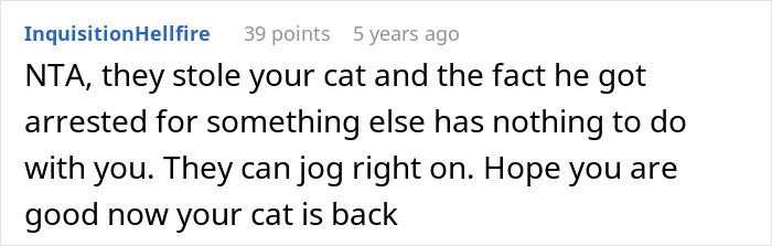Screenshot of a Reddit comment discussing a woman called a spoiled brat for crying to her sheriff dad about neighbors stealing her cat.