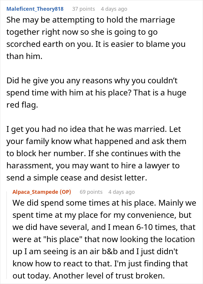 Online advice discussion about a woman discovering her boyfriend is married after a text from his wife.