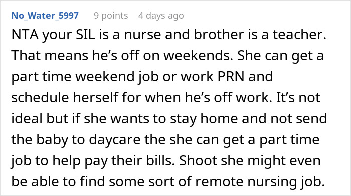 Comment discussing family financial expectations with greedy and entitled attitude toward grandma's support for stay-at-home wife.