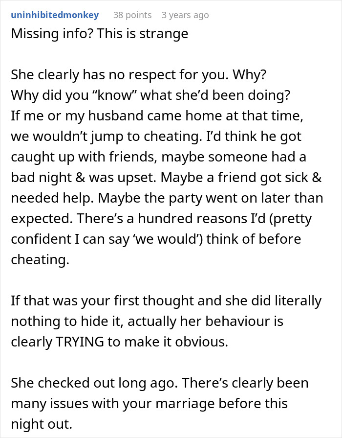 Alt text: Text comment discussing a woman admitting to cheating multiple times and a husband revealing the truth to her parents.