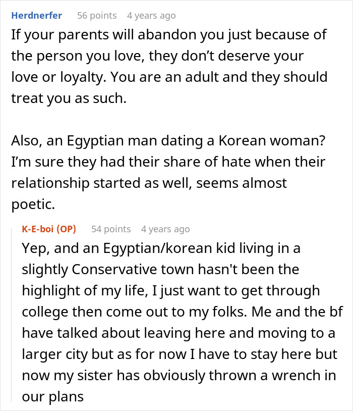 Comments discussing a guy&rsquo;s sister catching him with his secret boyfriend and causing relationship challenges.