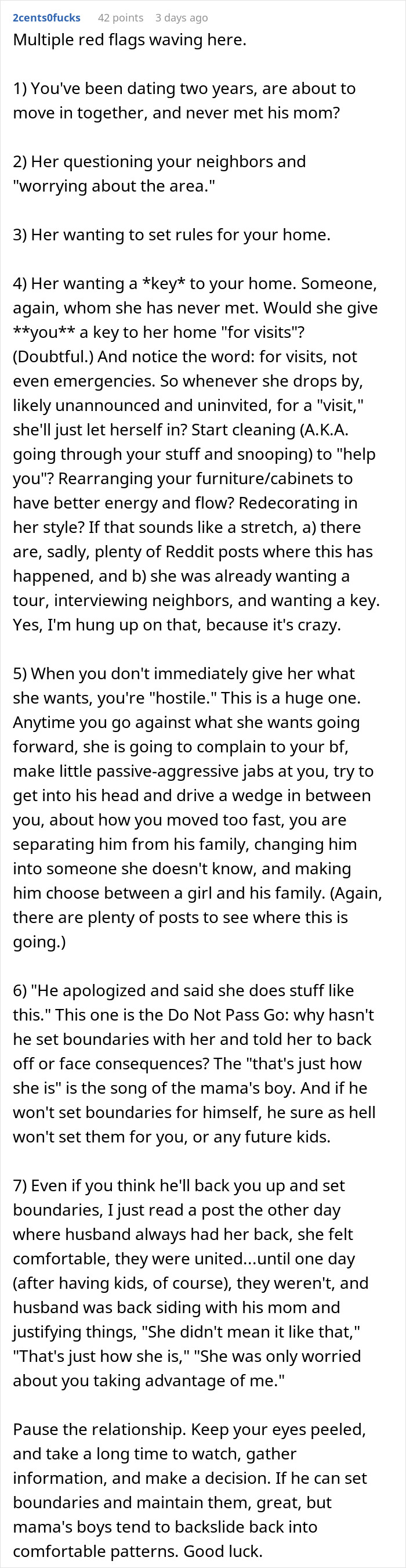 Text discussion about a mom inspecting her son's boyfriend&rsquo;s home before allowing him to move in, highlighting relationship red flags.