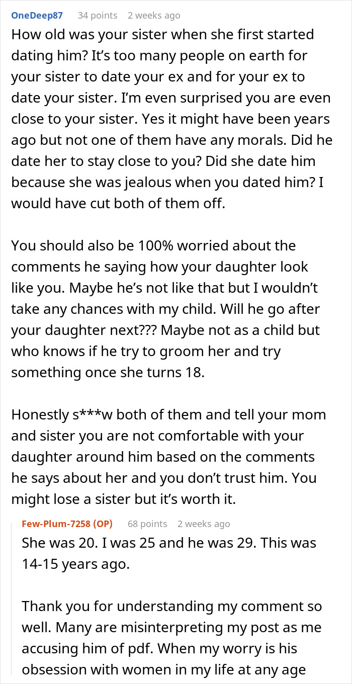 Text conversation about a woman feeling uncomfortable and refusing to let her daughter near her brother-in-law. Text conversation about a woman feeling uncomfortable and refusing to let her daughter near her brother-in-law.