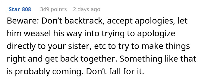 Comment warning against forgiving a guy trying to apologize to his girlfriend&rsquo;s teen sister after a breakup in a Reddit thread.