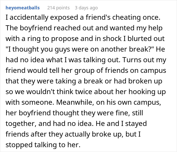 Reddit comment revealing a cheating friend&rsquo;s secret one night stand and a boyfriend unaware of the hidden truth on campus.