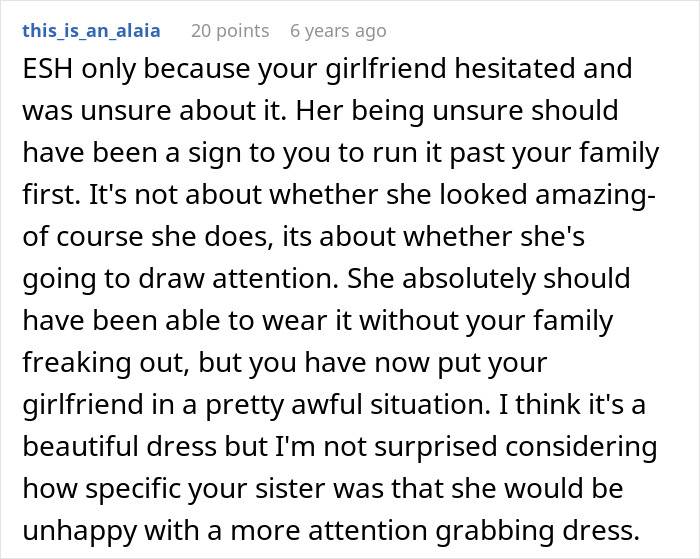 Comment discussing drama caused by guy approving girlfriend&rsquo;s outfit for sister&rsquo;s wedding, leading to tension.