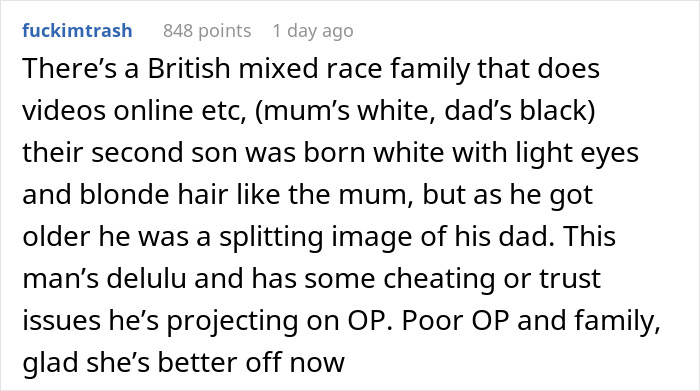 Comment discussing a British mixed race family and issues related to a secret paternity test for a newborn baby.
