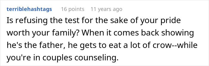 Screenshot of a comment discussing refusing a secret paternity test and its impact on family and couples counseling.
