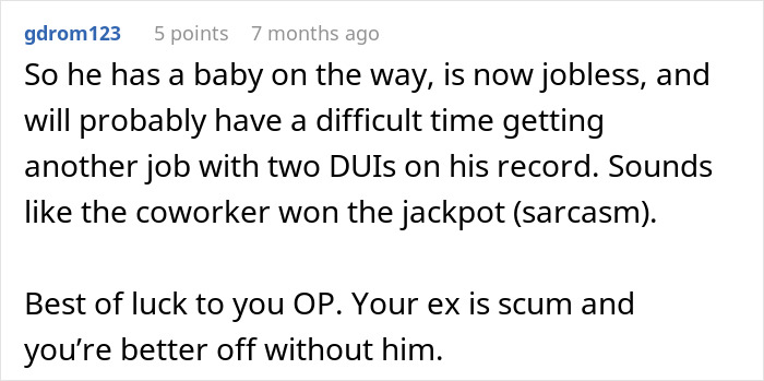 Text conversation on a forum discussing a man with a baby on the way, job loss, DUIs, and coworker drama.