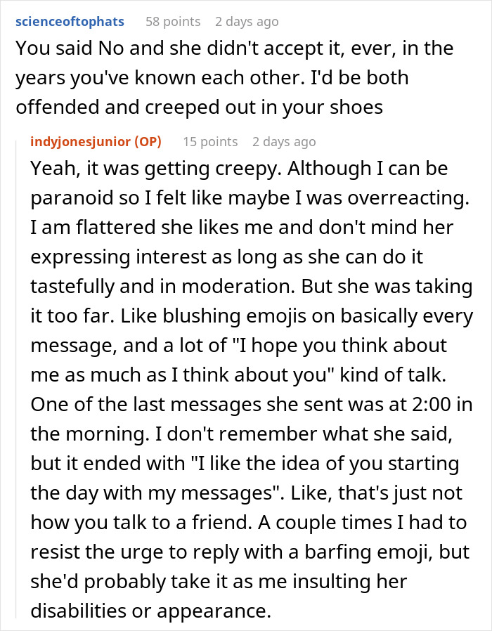 Reddit conversation showing a woman trying to make her friend of 10 years fall in love, leading to getting blocked.