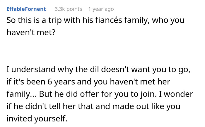 Comment discussing MIL planning a spite trip after son and DIL reject her, highlighting family tension and DIL's anger.