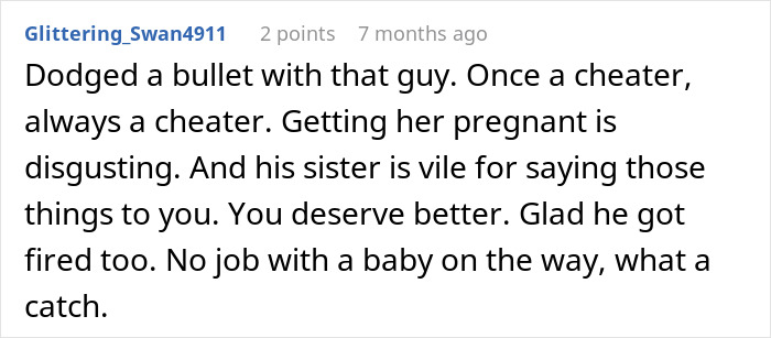 Reddit comment expressing anger about a cheating boyfriend and his pregnant mistress in a workplace setting.