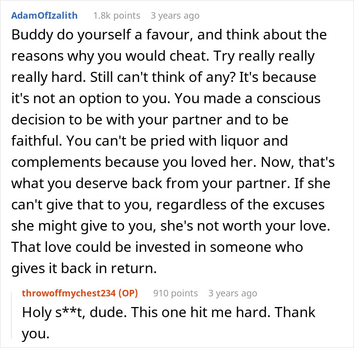 ALT text: Reddit comments discussing cheating in relationships and the value of faithfulness and mutual love.