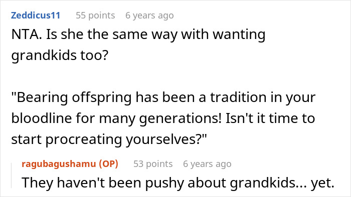 Screenshot of a Reddit conversation discussing breaking family tradition and attitudes toward getting a dog and grandchildren.