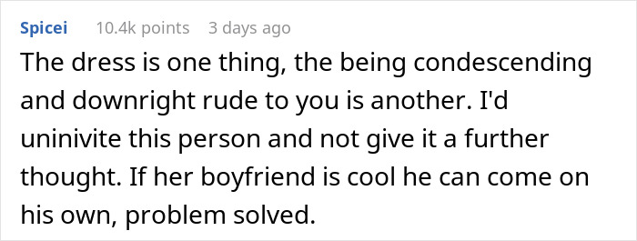 Screenshot of a forum comment discussing a woman wanting to wear a white dress to a wedding and related reactions.