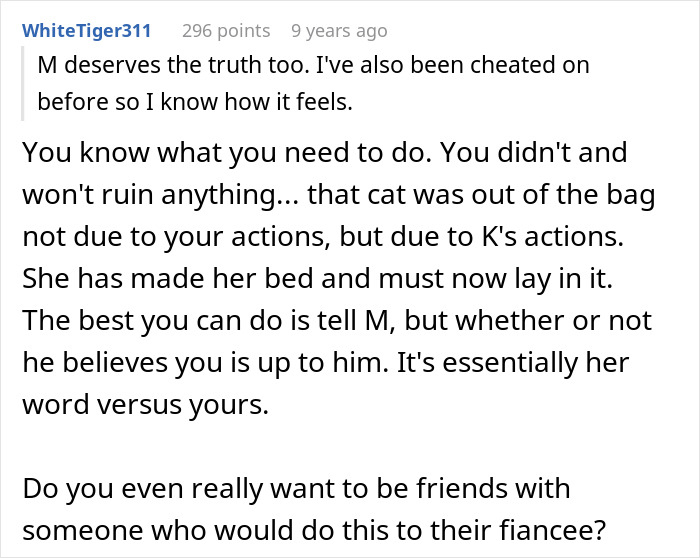 Comment discussing consequences of cheating, one night stand secrets, and threats to expose a horrible secret.