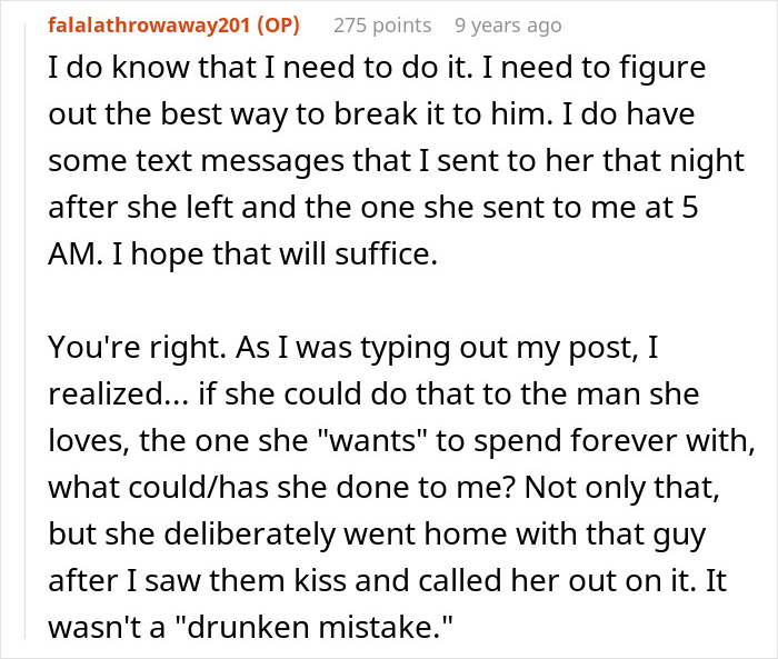 Alt text: Online post discussing a cheater hiding a one night stand, a friend threatening exposure, and uncovering a dark secret.