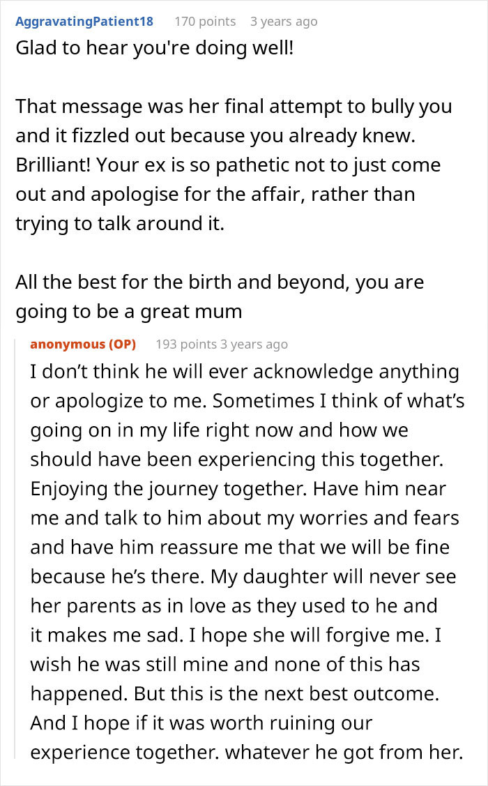 Screenshot of an online forum discussing a woman&rsquo;s life turning upside down after uncovering husband&rsquo;s affair.