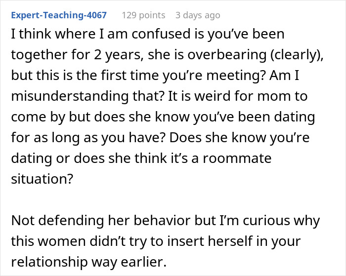 Comment discussing mom playing dorm inspector before boyfriend moves in, questioning overbearing behavior and relationship knowledge.