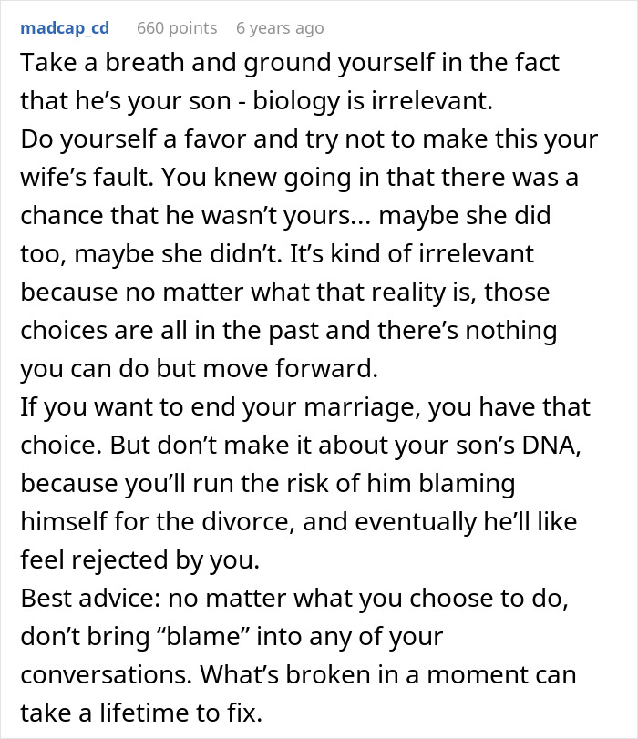 Comment discussing a dad doubting paternity of his 12-year-old son after a chance meeting with an old friend.