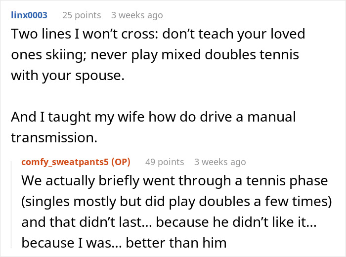 Reddit users discuss men abandoning their partners during outdoor activities like skiing and tennis due to competitiveness.