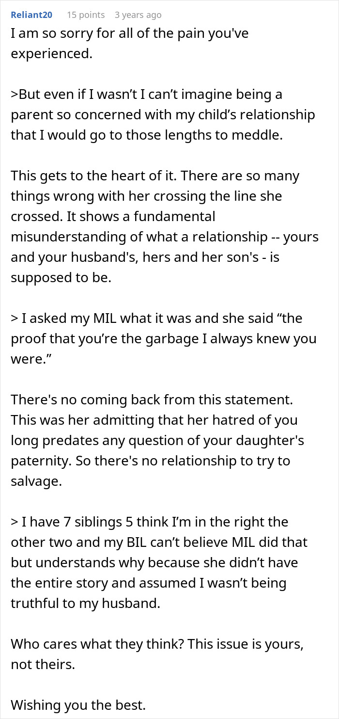 Text excerpt discussing a MIL secretly DNA testing grandkid, causing family conflict and misunderstanding about relationships.