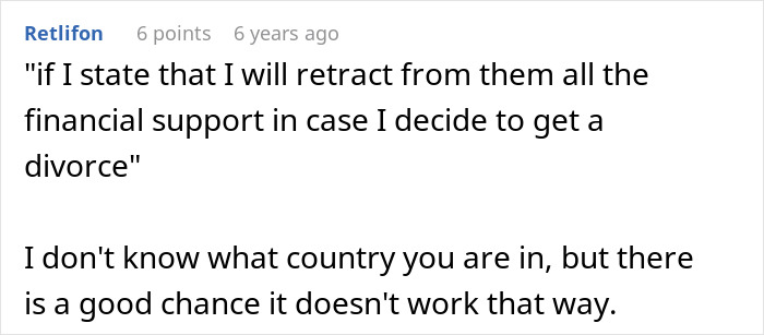 Text comment about man refusing to adopt wife&rsquo;s kids after discovering secrets about their father in a discussion thread.