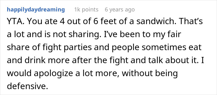 Comment discussing eating a bigger share of a sandwich at a party, highlighting issues of fairness and sharing.