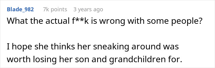 Screenshot of an online comment reacting to a MIL secretly DNA testing her grandkid and facing backlash from family members.