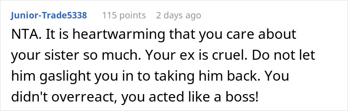 Commenter responding to a breakup story involving a guy ending a three-year relationship with one comment to girlfriend&rsquo;s sister.