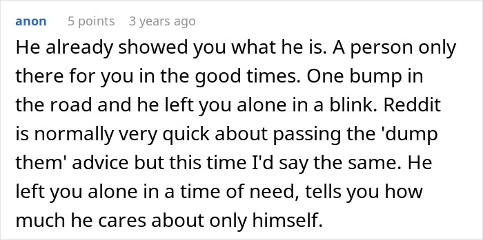 Screenshot of a Reddit comment discussing a man who abandoned his husband during a difficult time and faces a reality check. Screenshot of a Reddit comment discussing a man who abandoned his husband during a difficult time and faces a reality check.