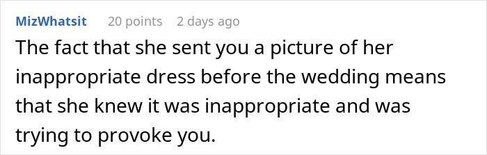 Screenshot of a forum comment discussing a woman wanting to wear a white dress to a wedding causing controversy.