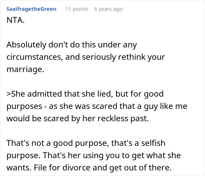 Reddit comment advising against adopting wife's kids after discovering hidden truth about their father and marriage concerns.