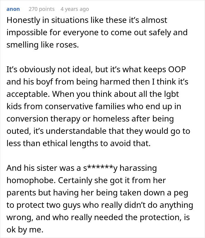 Comment discussing challenges of coming out safely and protecting a secret boyfriend from a conservative family conflict.